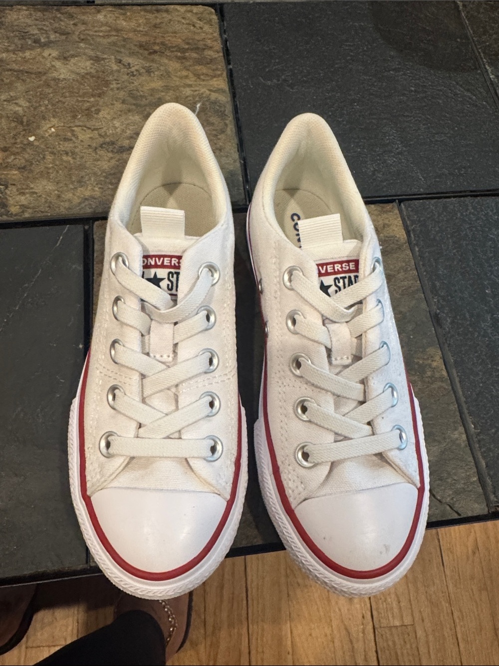 Converse Kids Low Top Canvas Sneakers in White with Red Trim